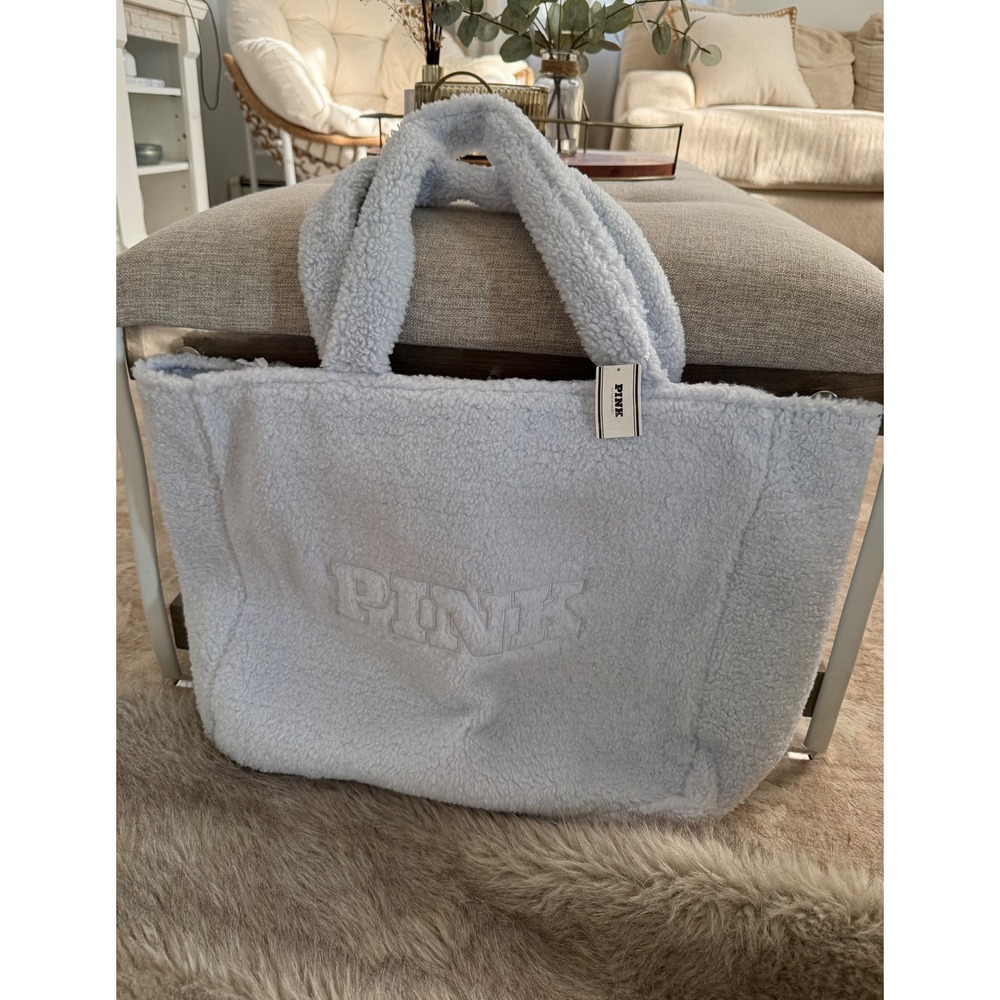 Victoria's Secret PINK Pale Blue Teddy Faux Fur Sherpa Tote Bag Zip Top NWT